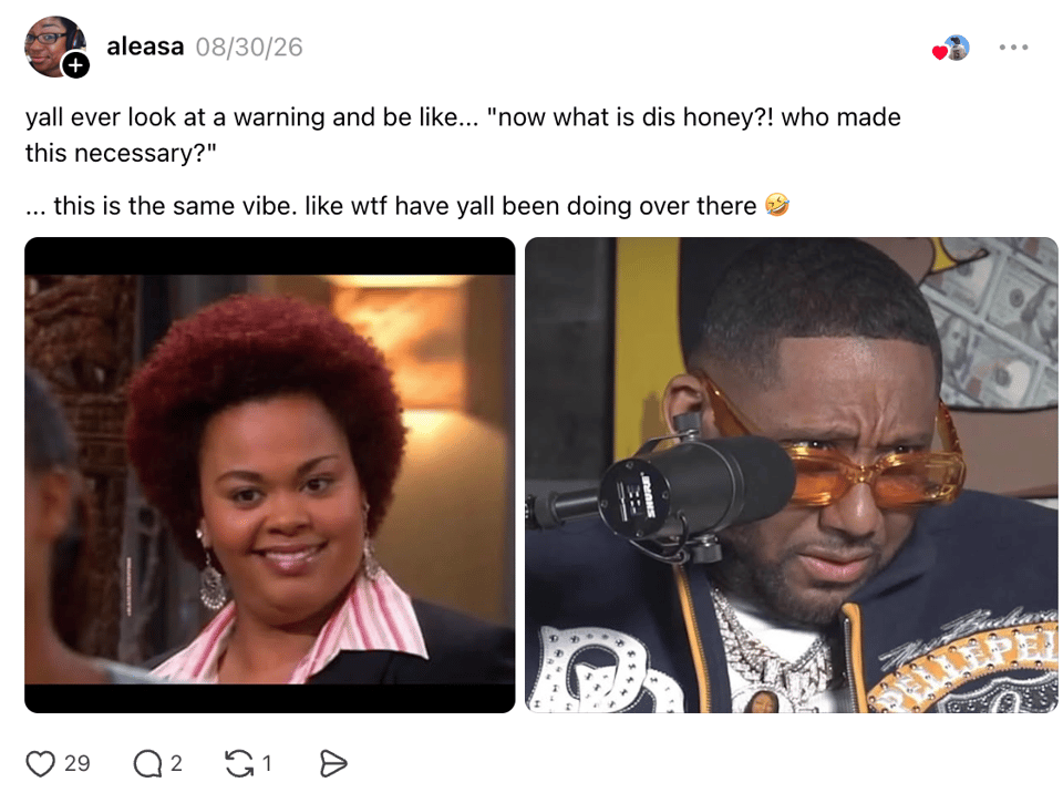 A Threads post joking that StoryGraph adding blocking has the same energy as seeing a warning and wondering, “who made this necessary?!” Two skeptical reaction images appear underneath.
