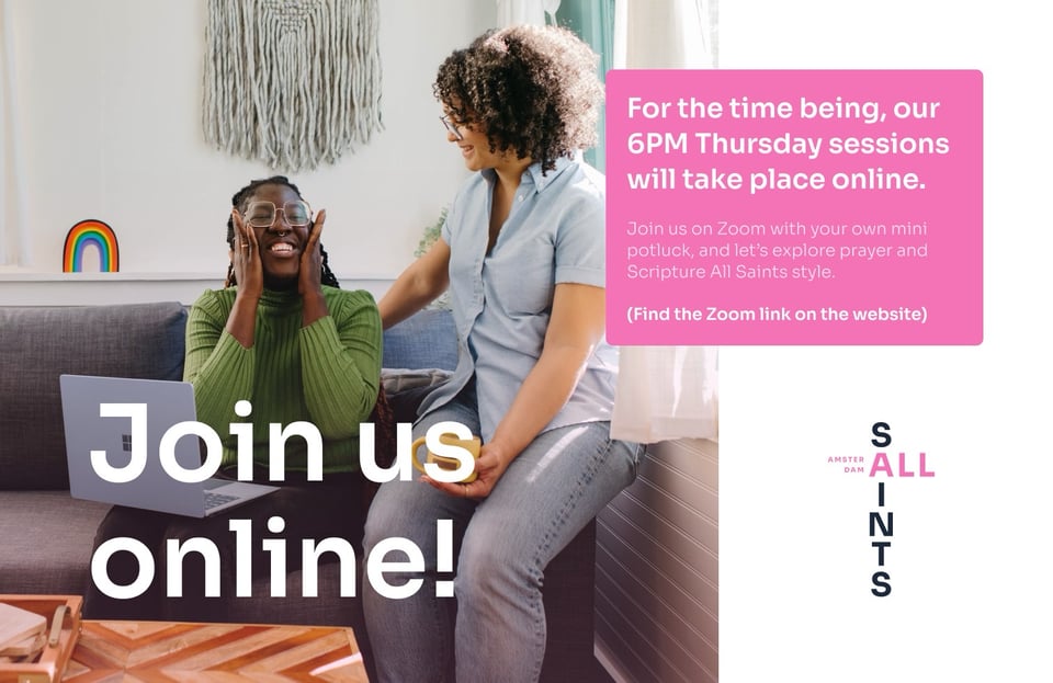 a black woman in a green sweater makes a gesture and expression of excitement as another black woman in a light blue blouse shares with her that our 6PM Thursday sessions are online for the time being