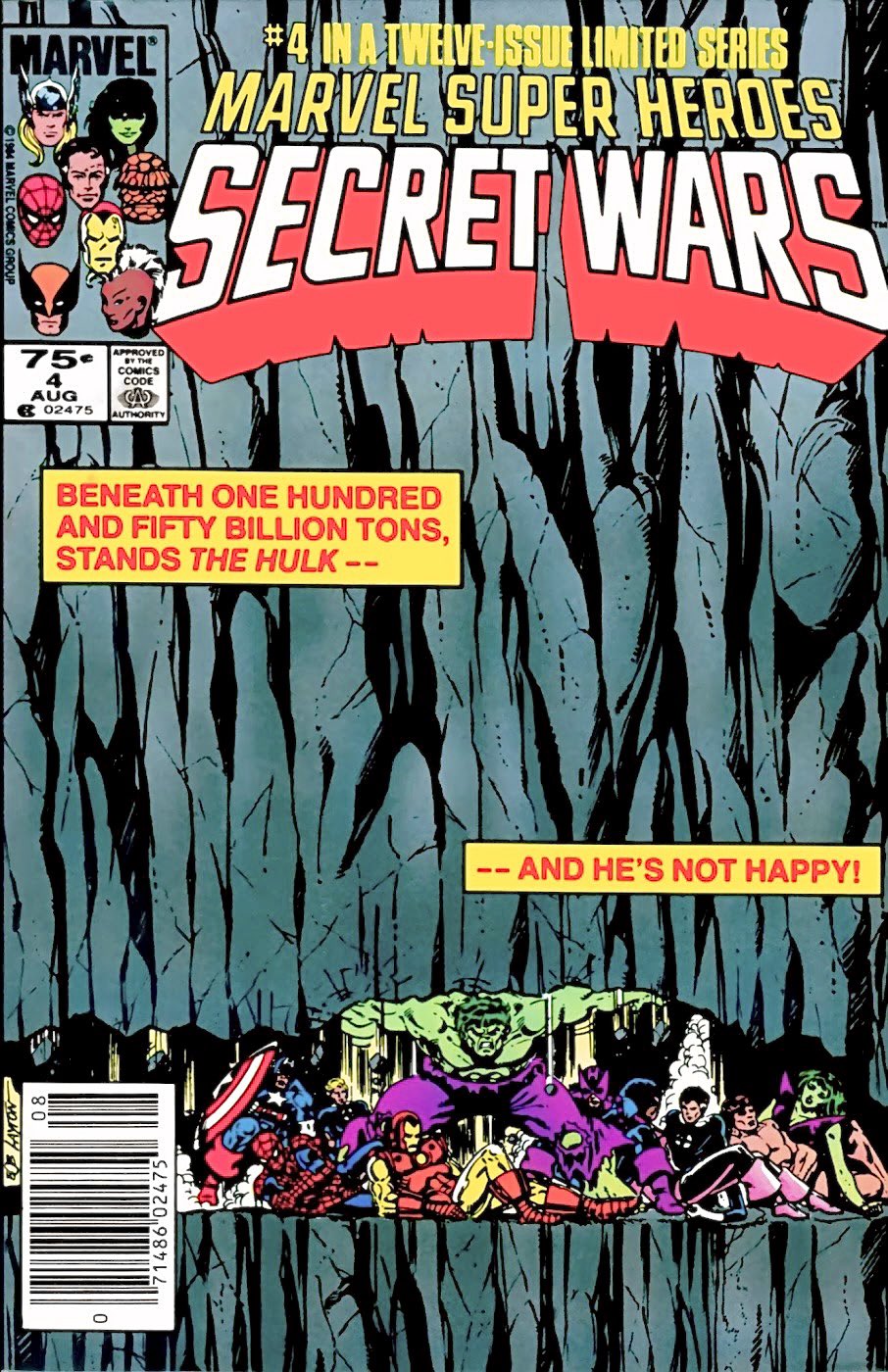 Cover of Secret Wars #4 shows Hulk holding up a mountain so it doesn't crush his allies.
