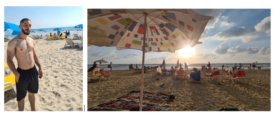 Two photos: A man in swimming trunks standing on a beach; the second picture is an umbrella and chairs on the beach