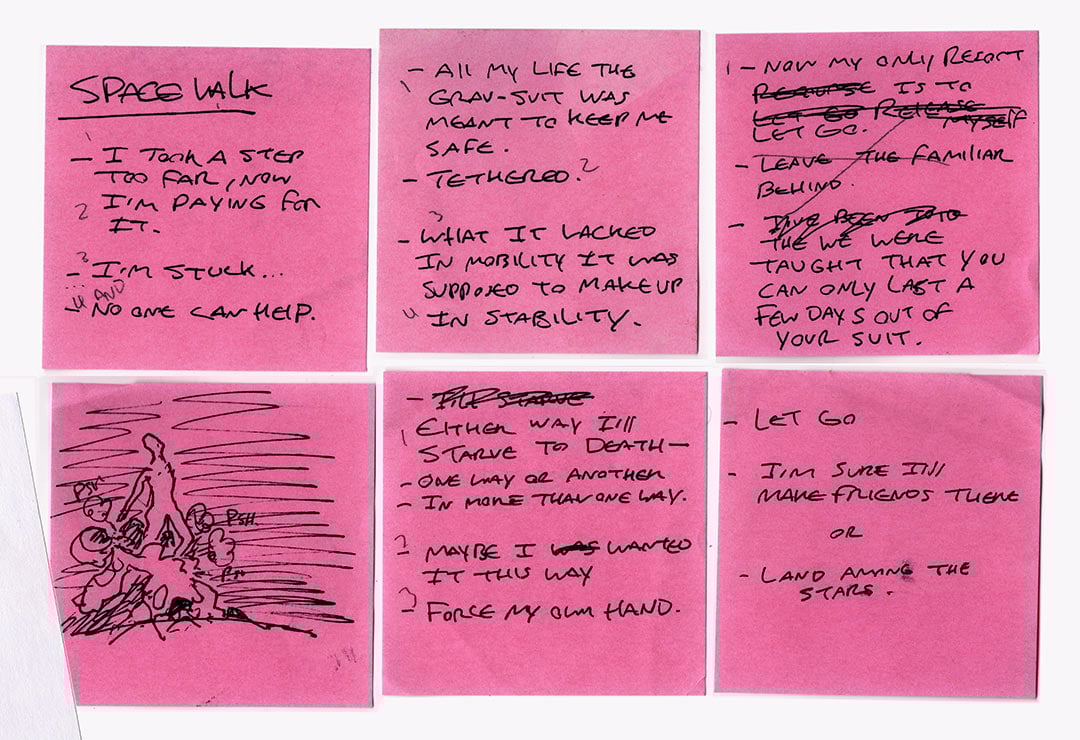 a scan of six pink post-it notes examples of my writing process, short ideas of a narrative scribbled onto the paper, one shows a drawing envisioning the story