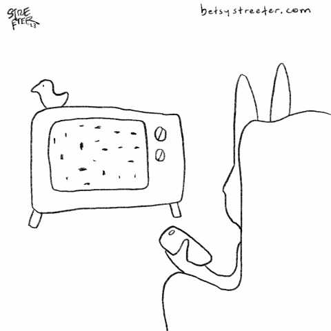 Short animation of a bunny flipping channels on the TV.