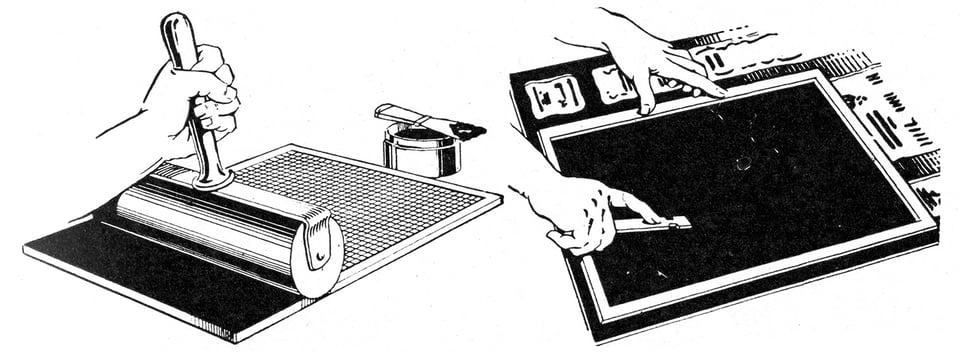 An illustration showing Inking (left) and applying (right) Ben Day dot patterns onto zinc plates.