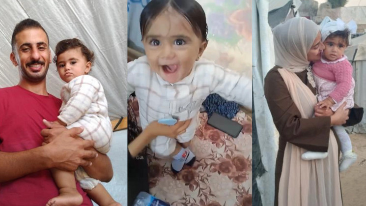 A triptych of photos. Ahmed holds baby Maryam in one photo. Baby Maryam smiles for the camera in the second photo. In the third photo, Rema holds Maryam, who wears a pink sweater and a white bow in her hair.