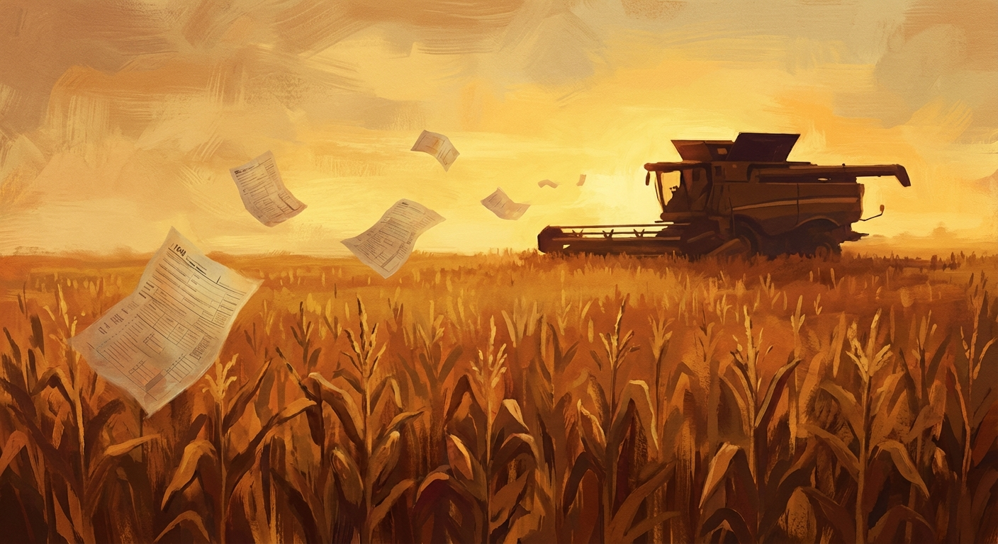 Combine harvester at golden hour with tax documents drifting in the wind