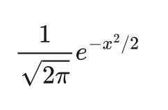 Rendered LaTeX equation reading: "one divided by root two pi, times e to the power of negative x squared divided by two"