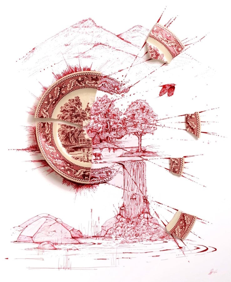 a white plate with red scene explodes into a natural scene with mountains, a waterfall, and lush trees