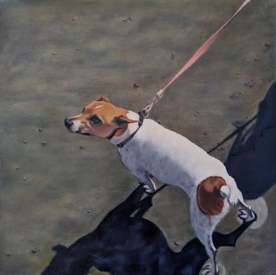 A painting of a cute dog on a leash, standing in the portion of the beach where the sand is wet and hard, where the tide has gone out. The doggos back feet are planted wide, holding their space, as the pink leash stretches off to the upper right. The shadows are very nice in this piece, looking like late morning. Off the canvas to the upper right, I presume the dogwalker is there, as you can see their shadow too.