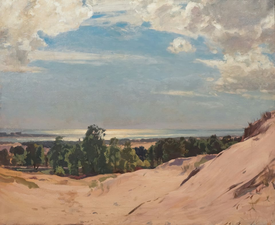 a painting of a landscape with trees and clouds