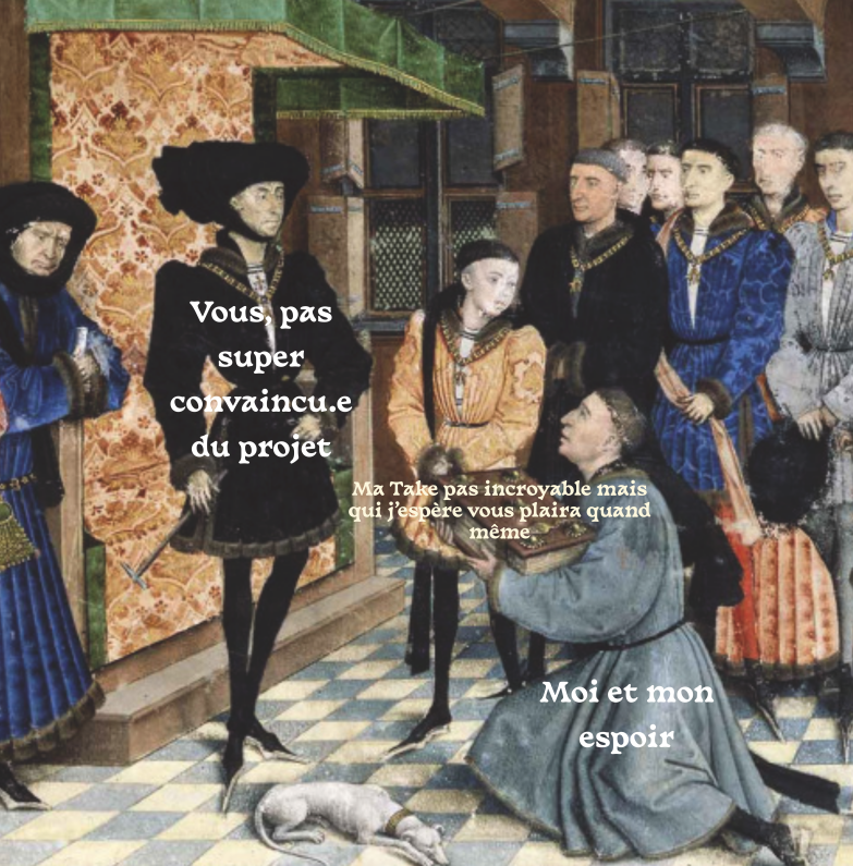Une scène de cour où quelqu'un présente un livre à une autre personne. l'ensemble est surtitré comme dans un meme : Sur la personne qui présente : Moi   Sur le livre :  Ma take pas incroyable mais qui j'espère vous plaira quand même.   Sur la personne à qui on présente le livre (et qui fais un peu peur) : Vous pas super convaincu⋅e du projet