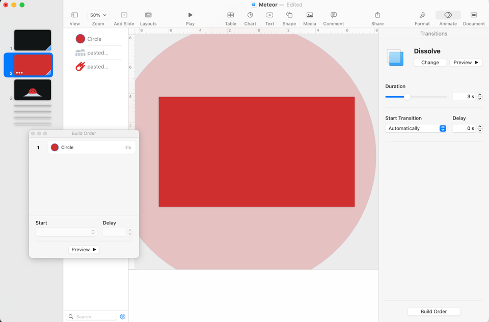 Screen capture of Apple Keynote, showing the second slide of an animated sequence, along with the Animate panel.