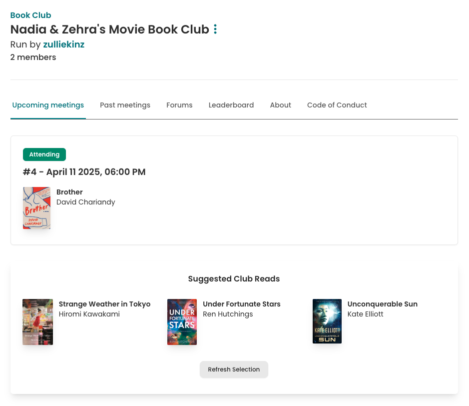 The screenshot displays the StoryGraph book club page titled "Nadia & Zehra's Movie Book Club." It includes sections for upcoming meetings, past meetings, and suggested club reads.