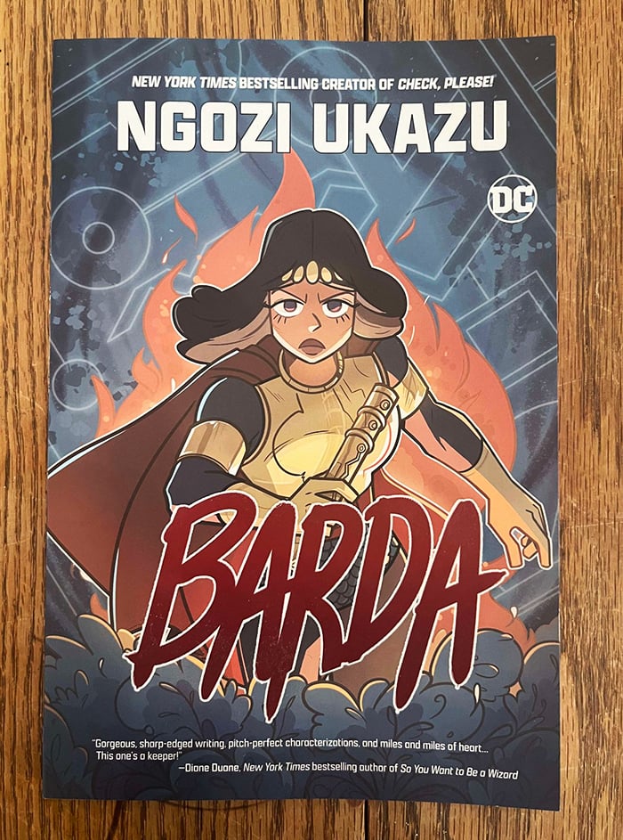 Cover of the graphic novel Barda, featuring a young warrior woman in sci-fi armor