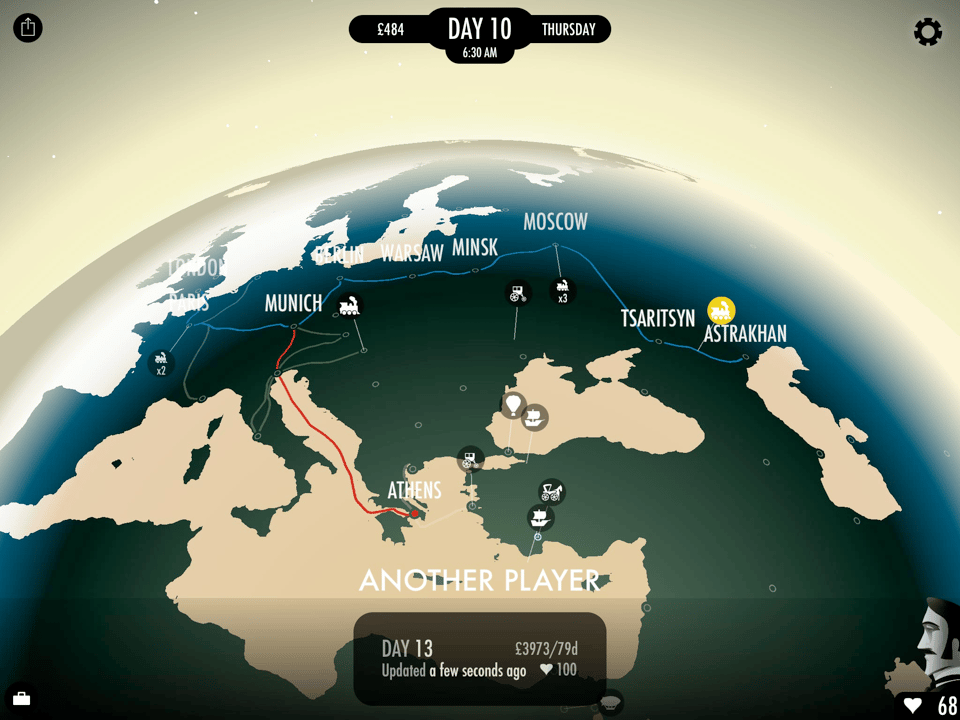 A screenshot from the award-winning game 80 Days, written in part using the Ink narrative engine. The screenshot shows the world map from 80 days, with various journeys underway from competing players. It shows that the current game is on Thursday Day 10 at 6:30 AM, the player having £484. The player is considering a route from Munich to Athens.