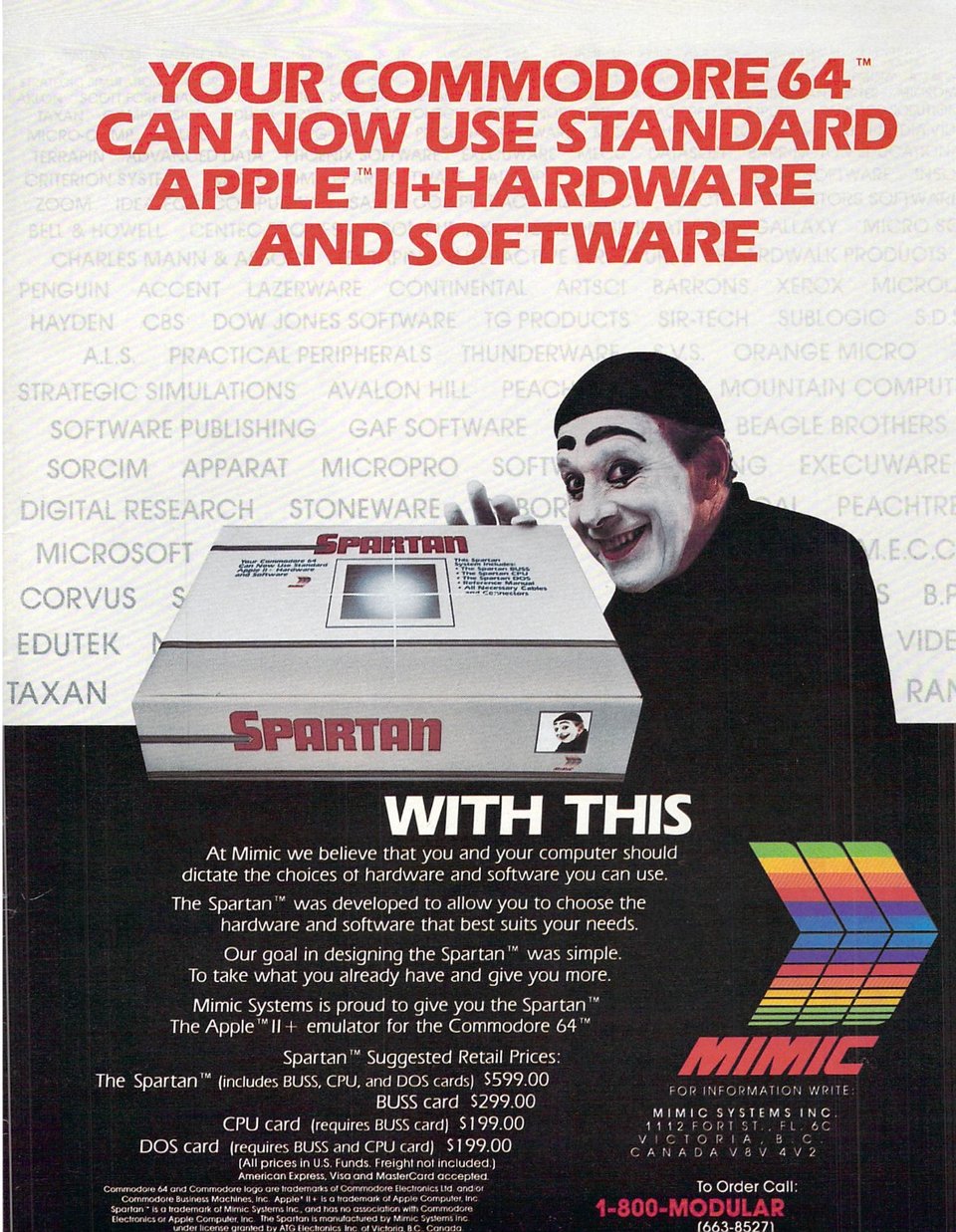 A mime with painted pace holding a box for the Spartan computer. He is standing in front of a wall of text of dozens of other tech companies on it.