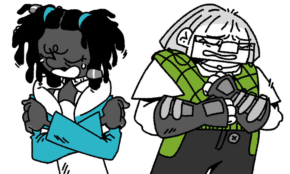 Two character portraits of Natalie and Louis. Both are curled inwards, with their hands pressed against their chests. Natalie is crying, their mouth wide open. Louis is grmiacing.