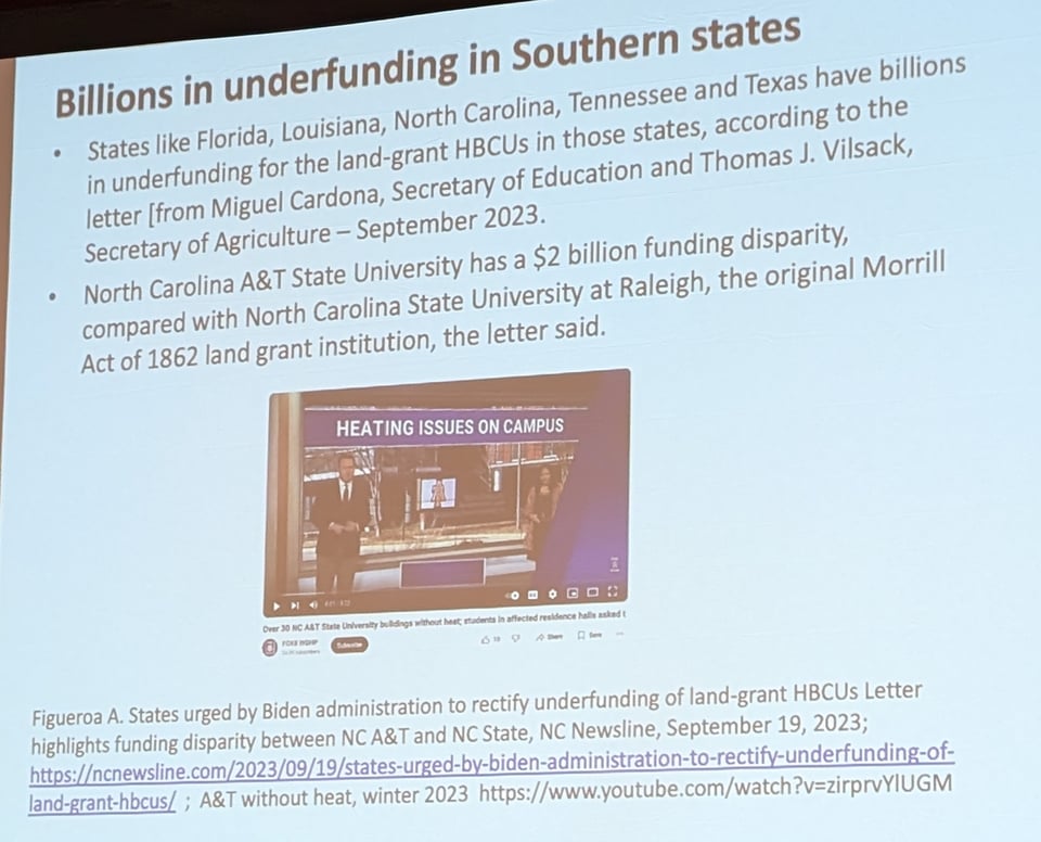 A slide from Dr. Graves's talk at the NASW meeting in 2024, titled "Billions in underfunding in Southern states." It includes a screenshot of a news report from NC Newsline on this topic, with the headline "Heating Issues on Campus."