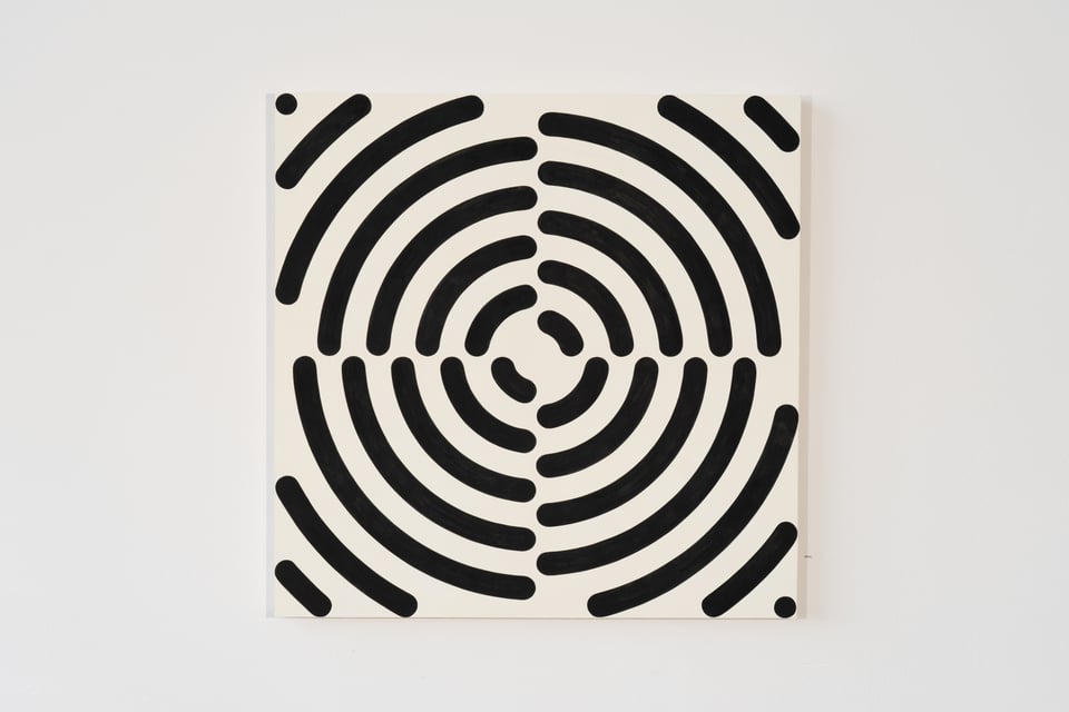 square black-and-white painting of radiating curved lines like ripple