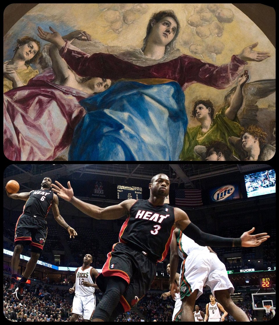 Image described in caption: the baskeball players are posed like the angels in the painting