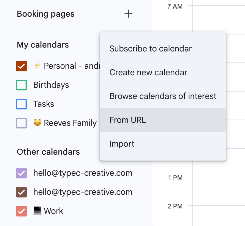 A screenshot of Google Calendar, showing readers where to navigate to create a new calendar from a URL.