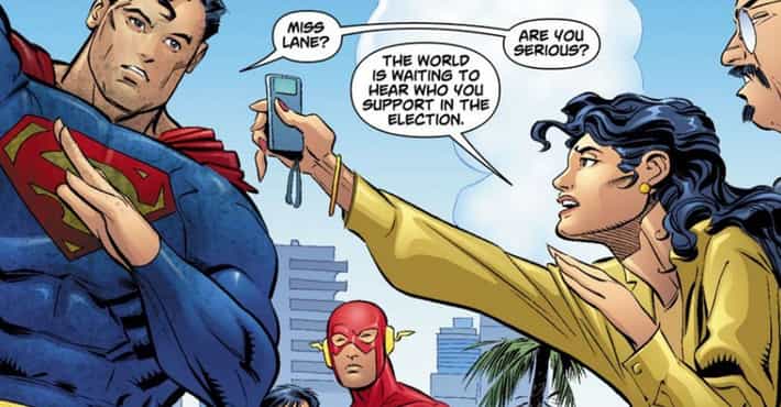 Lois Lane holding out a recorder to Superman. He asks "Miss Lane?" and she says "The world is waiting to hear who you support in the election." He responds with "are you serious?" The Flash is watching in the backgroud