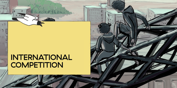BLON International Competition banner featuring two animated characters sitting on a metal structure overlooking a city.