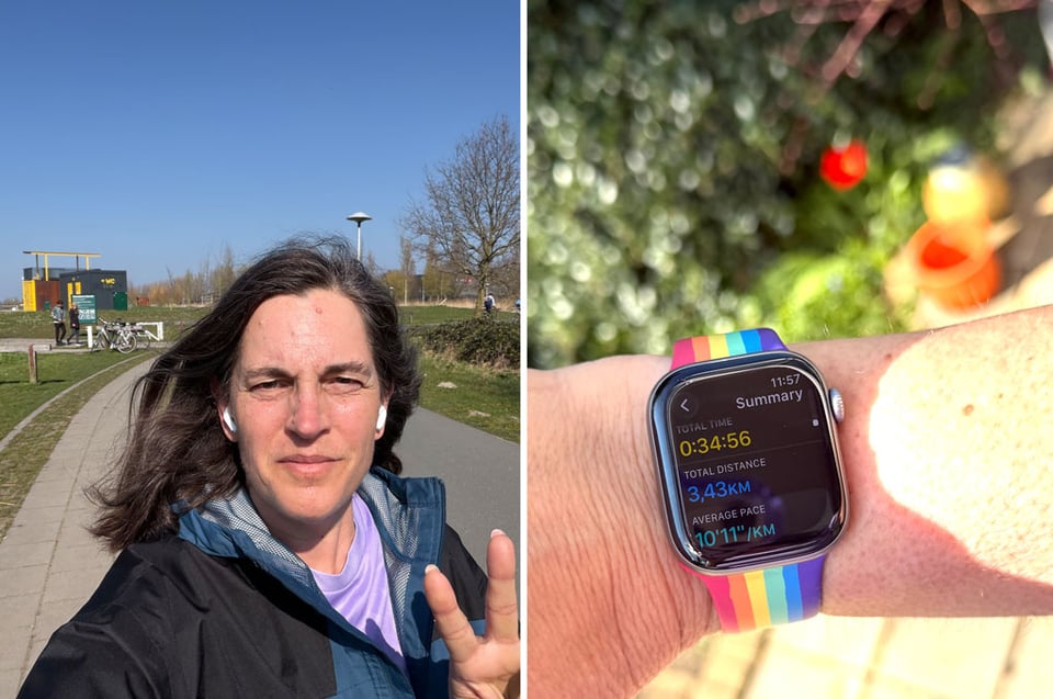Two images put together. Left hand shows a selfie of a woman running. Right hand shows the summary of a workout 34:56 m:s / 3.43 km / 10:11 kpm pace.