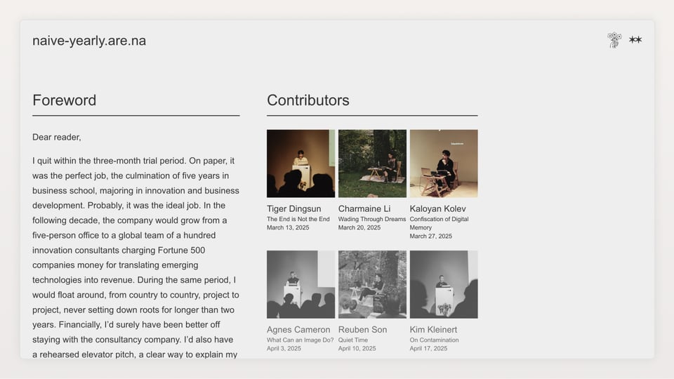 a webpage with a foreword to the series by Kristoffer Tjalve and images of the contributors speaking at the conference, which are black and white before their piece runs, and color after it’s published.