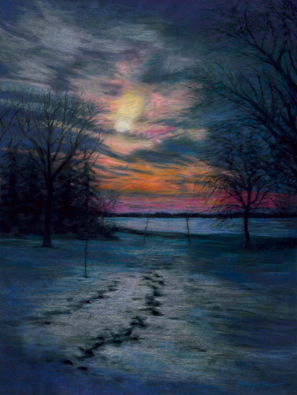 a pastel painting of a sunset over a lake in the winter by Mary Pow