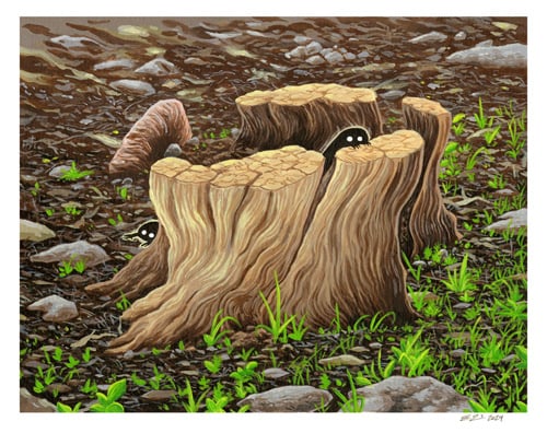 An acrylic painting of a dead tree trunk split down the middle into three pieces, surrounded by small rocks and weeds. A small creature, a black blob with white eyes, is perched on the inside edge of the trunk. Another identical creature is crawling on the ground behind the other side of the trunk.
