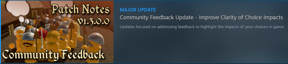 Cover and notification of the Community Feedback patch notes on steam.
