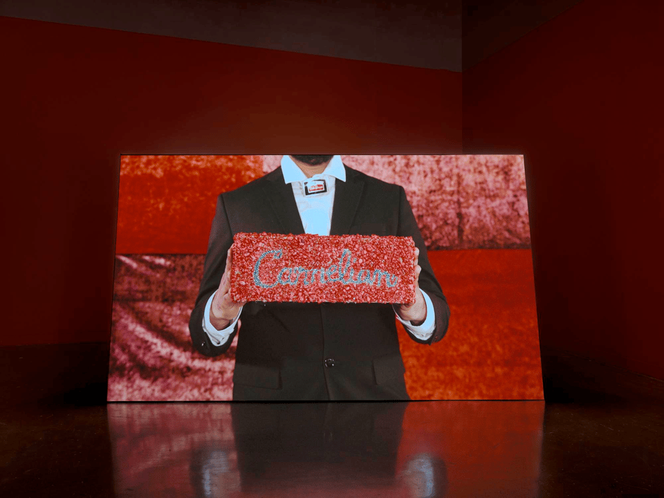 a projected film still showing the torso of a person dressed in a suit holding a red rhinestone-encrusted title card reading "carnelian"