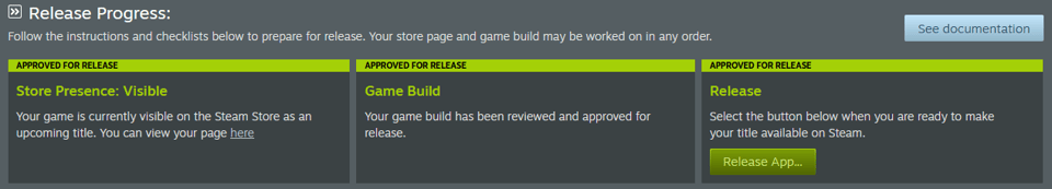 screenshot from Virtue's Heaven's Steam-backend. It shows that all of the neccessary steps have been taken to release the game. The last thing that's left is to press the button...