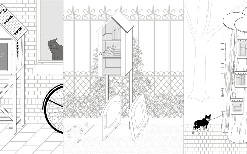 three "minibiebs" or street libraries drawn in an anti-perspectival black-and-white style.