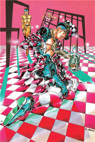 I'm sorry, low-vision comrades, I'm going to do my best. UNDER EXECUTION UNDER JAILBREAK by Hirohiko Araki. It depicts an Escher-esque checkerboard pattern with a kneeling man in a shocking ophat, a city in a bottle, an approaching figure in gold and another behind bars. It is so visually complex I'm super sorry gang.