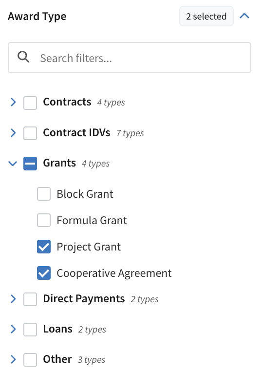 Award Type filter with the right kinds of grants selected