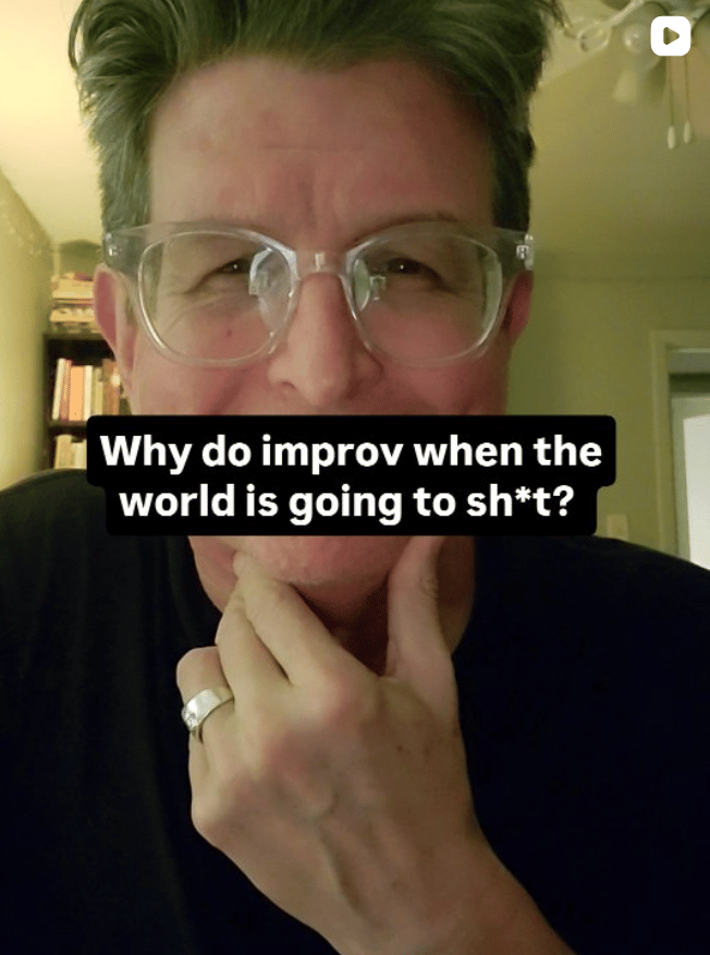A screenshot of an Instagram reel that shows me (John Ratliff) cradling my chin with my hand in an ostensibly thoughtful way. Superimposed over the image is white text on a black background that reads "Why do improv when the whole world is going to sh*t?." It's covering my mouth in the picture, which I didn't plan but is maybe significant. I used the asterisk in the word "shit" because I've noticed that other Instagram reels do this and I assume there's some practical reason for it, but really I was just complying in advance before I was even sure it was necessary, and this is how fascism gains a foothold so I'm probably part of the problem.