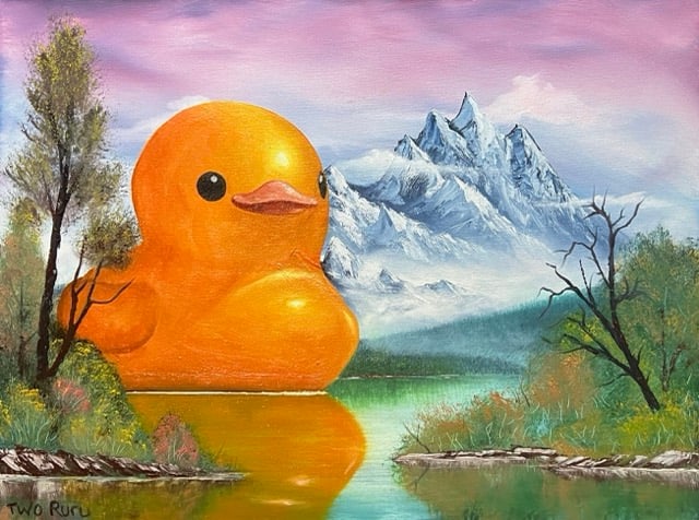 It's an image of a duck on a lake, I painted both. People thought this was AI. It's not!