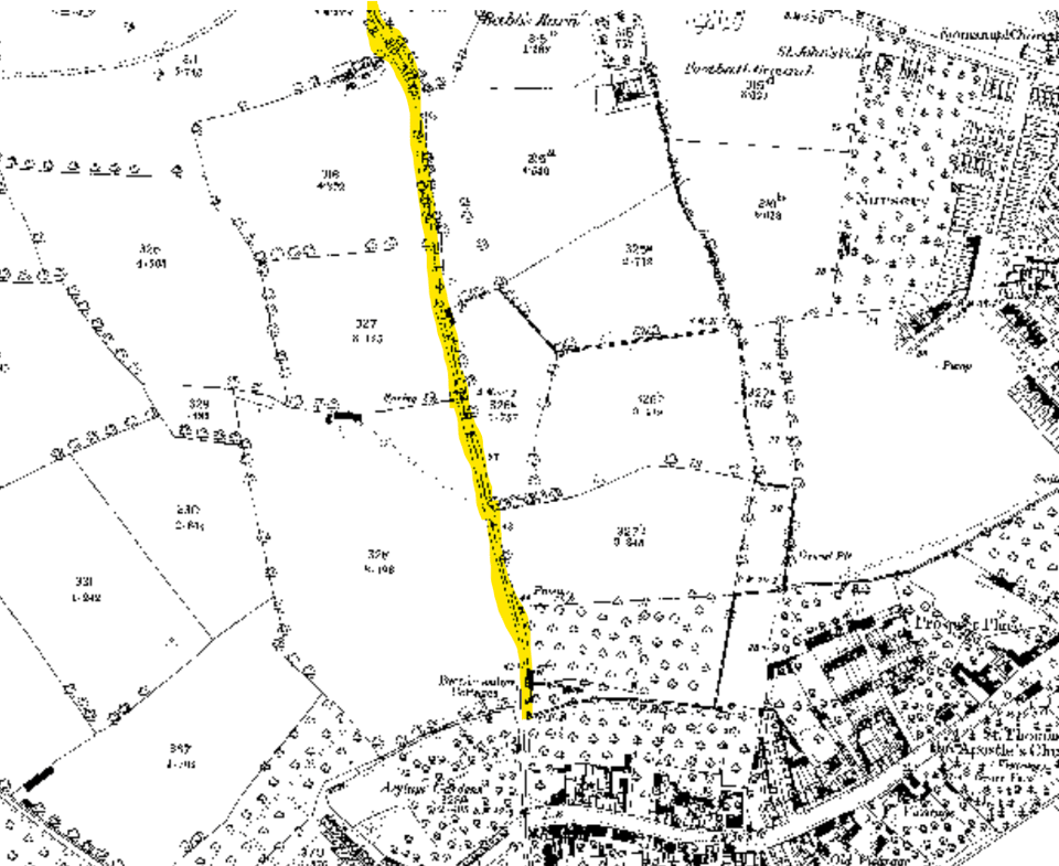 An early ordinance survey map showing the area. It's all fields, apart from a few houses clustered along a main road at the bottom. A yellow highlighter has marked Buddle Lane along the middle of the fields.