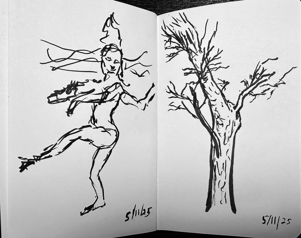 two quick brush-pen sketches: left, dancing Shiva; right: a tree