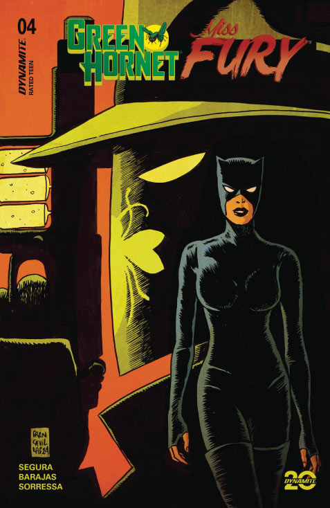 (Comic book art. Green Hornet profile with a gun. Miss Fury straight forward.)