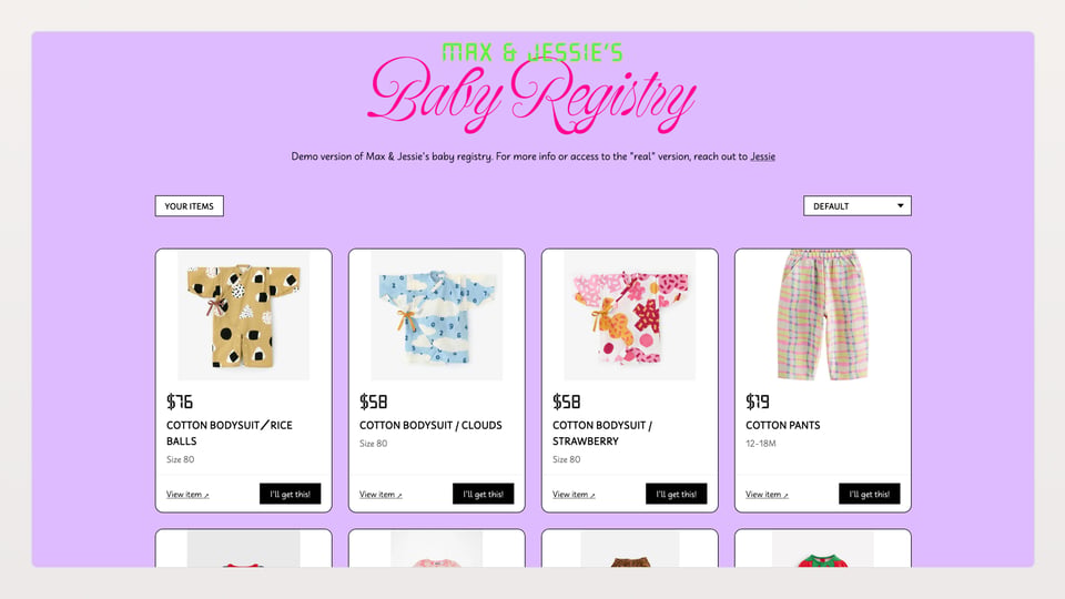A purple website with pink florid type reading Baby Registry. A grid of images of baby clothes populate the page.