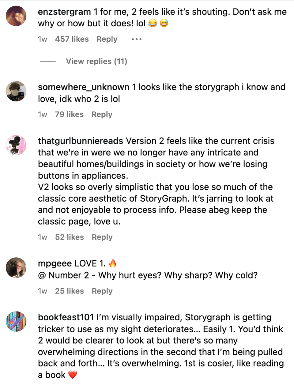 Screenshot showing multiple Instagram comments responding to the poll. Comments express strong preference for version 1 and describe version 2 as visually harsh, cold, or overwhelming. The comments reference storytelling feel, identity, coziness, simplicity, and accessibility concerns relating to declining vision.