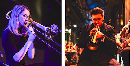 Two performers; one playing trombone and one a trumpet