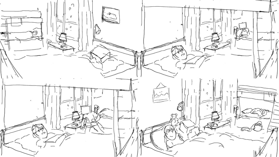 4 sketches of Lucie’s scene. Two beds and two kids in a chalet, with slightly different angles. On the third sketch, tim approaches Lucie’s bed, in the last one, they’re both in Lucie’s bed