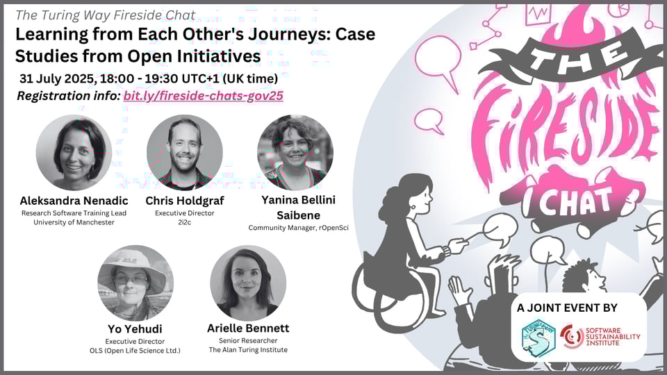 Alt: Hand-drawn image by scriberia is on the right of the digital poster: three people are sitting around a fire whose flames form the words “The Fireside Chat”. They are holding speech bubbles on sticks in lieu of marshmallows.