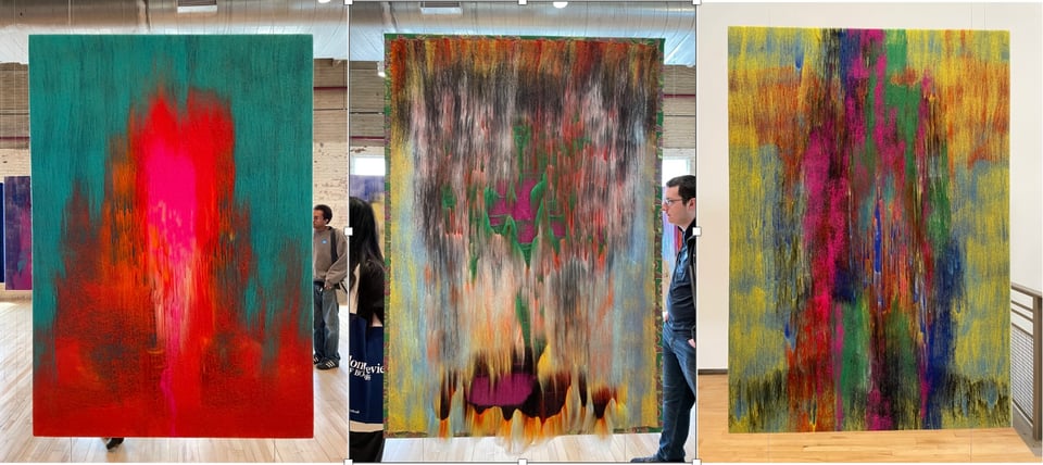 Three more felt images: on a bright red blotch against an aqua color, another very abstract and seeming to melt, another with horizontal and vertical bands of yellow, green, red, blue