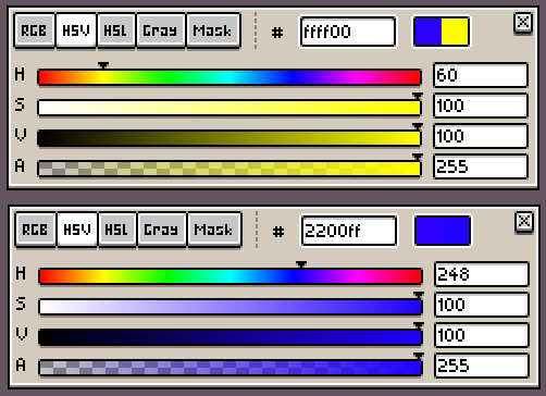 HSV color pickers showing 100% saturation and value on yellow and blue, but blue is much darker