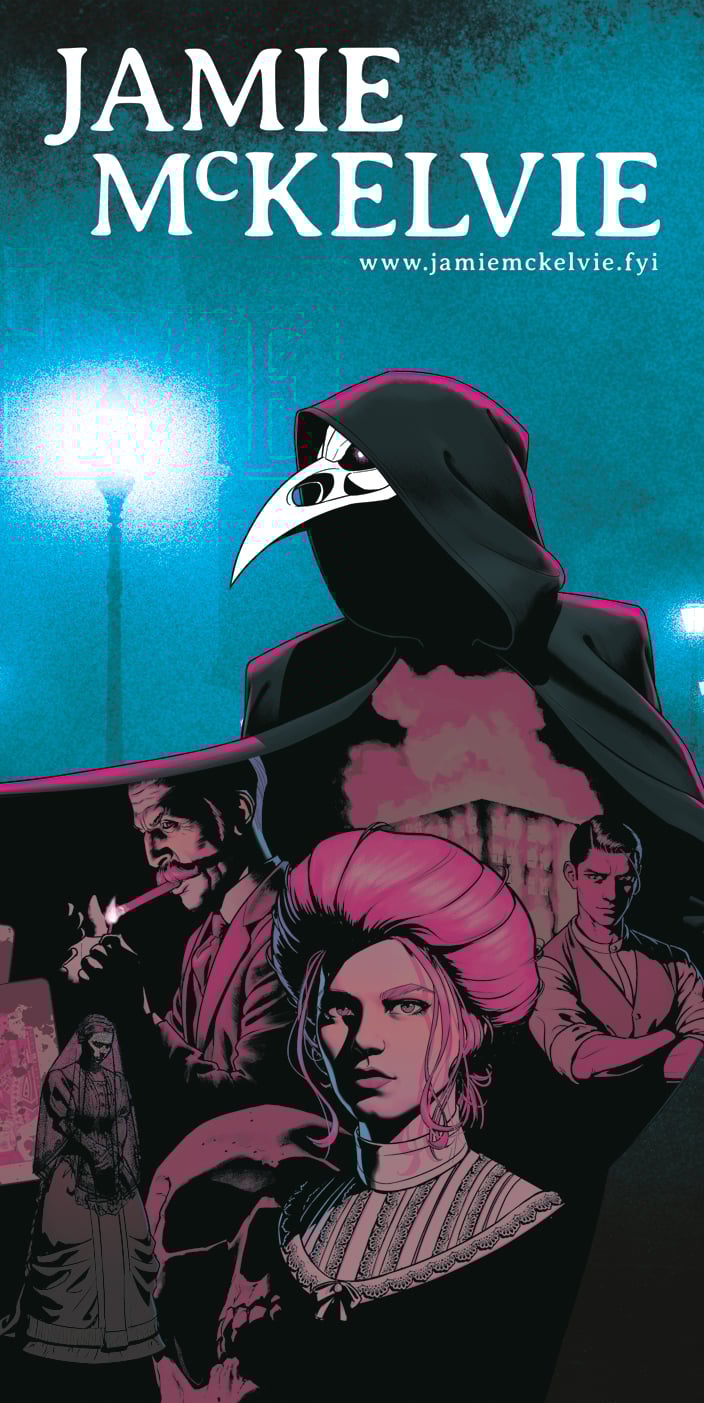 An image of the banner that will be displayed behind our table at Thought Bubble. It uses the art from the cover of One For Sorrow #1, featuring the masked and hooded figure of The Magpie on a foggy London street, as well as a montage of other characters from the book. At the top of the banner is my name, and my website url.