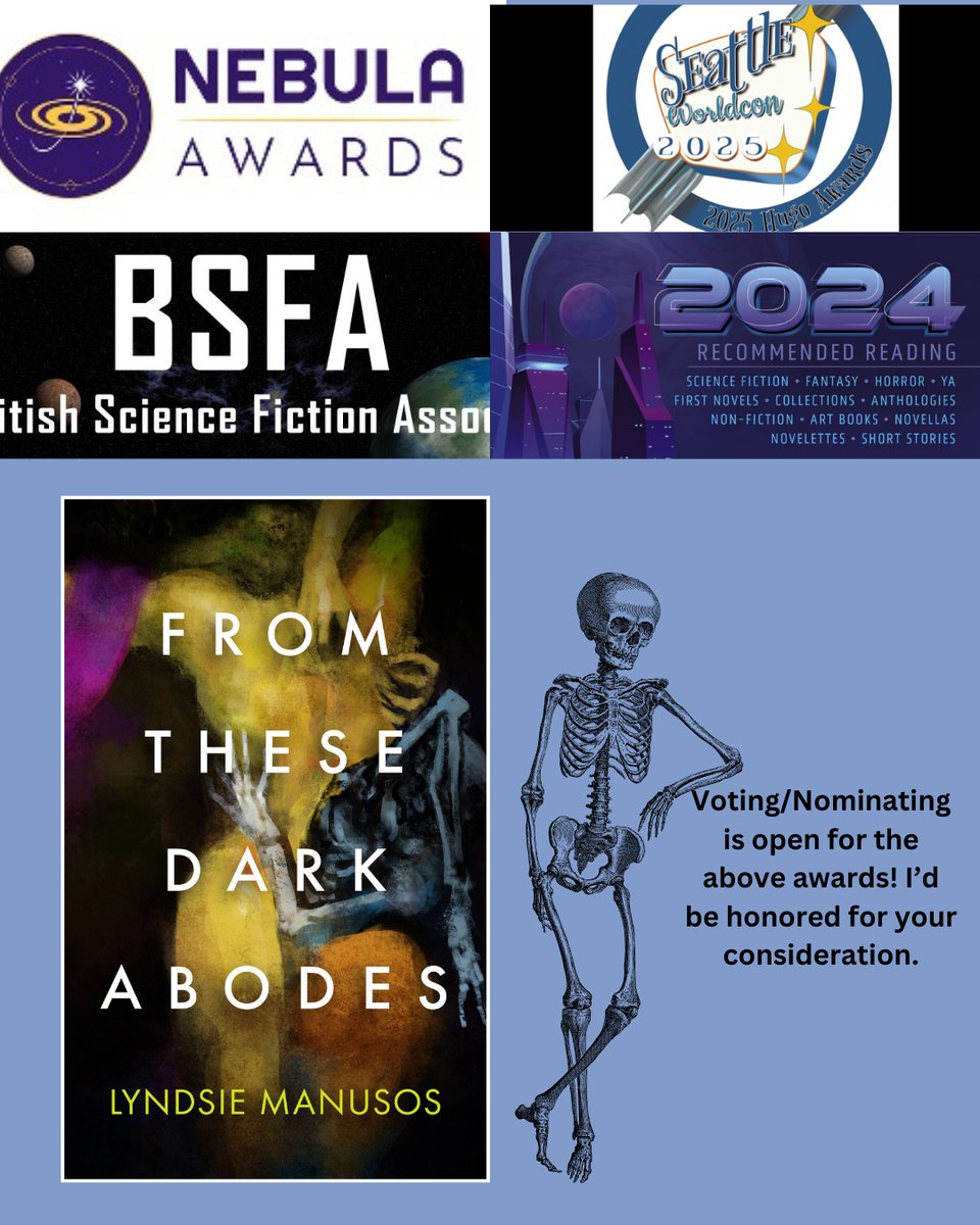 Image of the logos for the Nebula Awards, Hugo Awards, BSFA awards, and the Locus Awards checkerboxed together above an image of From These Dark Abodes, with a skeleton leaning on the words